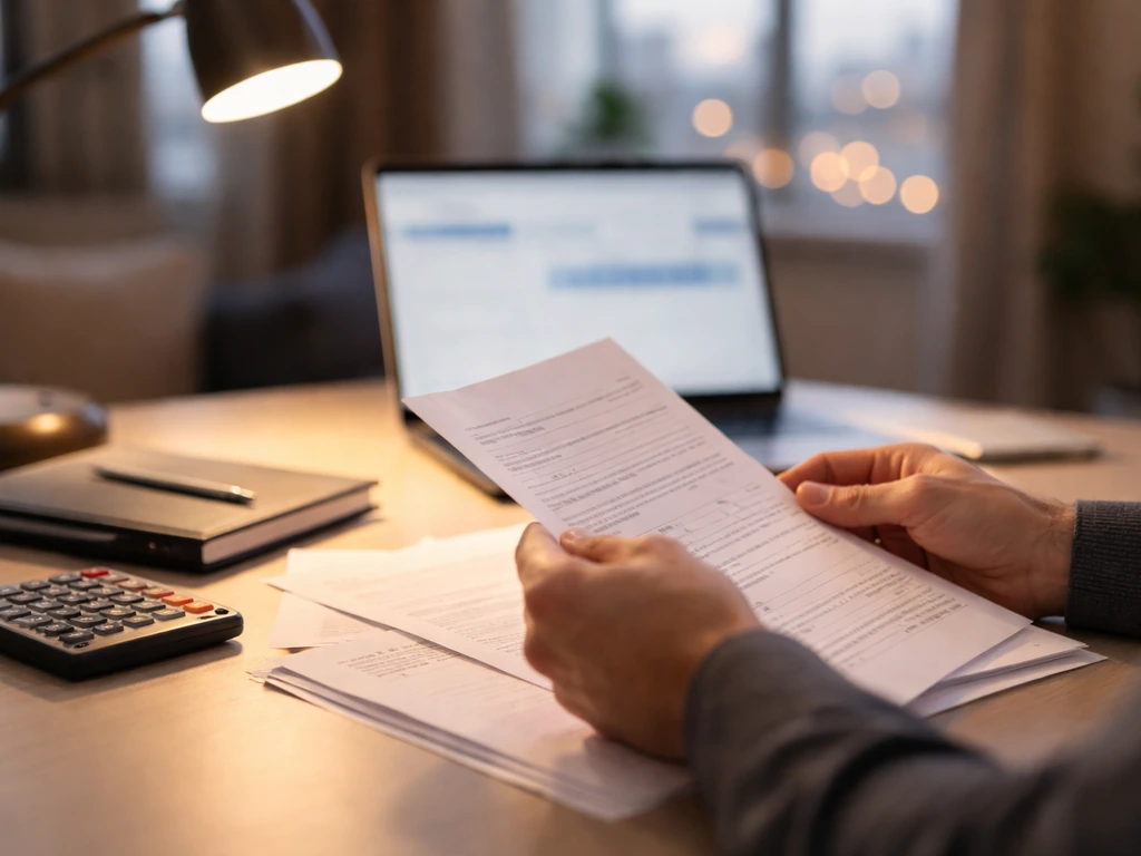 Symbolic image of an anonymous finance professional at a desk with a laptop, reading documents and a calculator