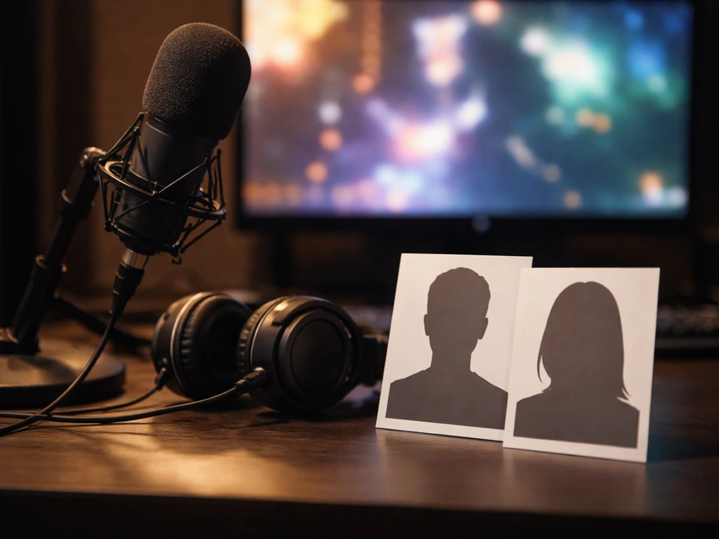 Podcast studio mic with unlabeled photo cards and blurred media visuals, symbolizing identity ambiguity.