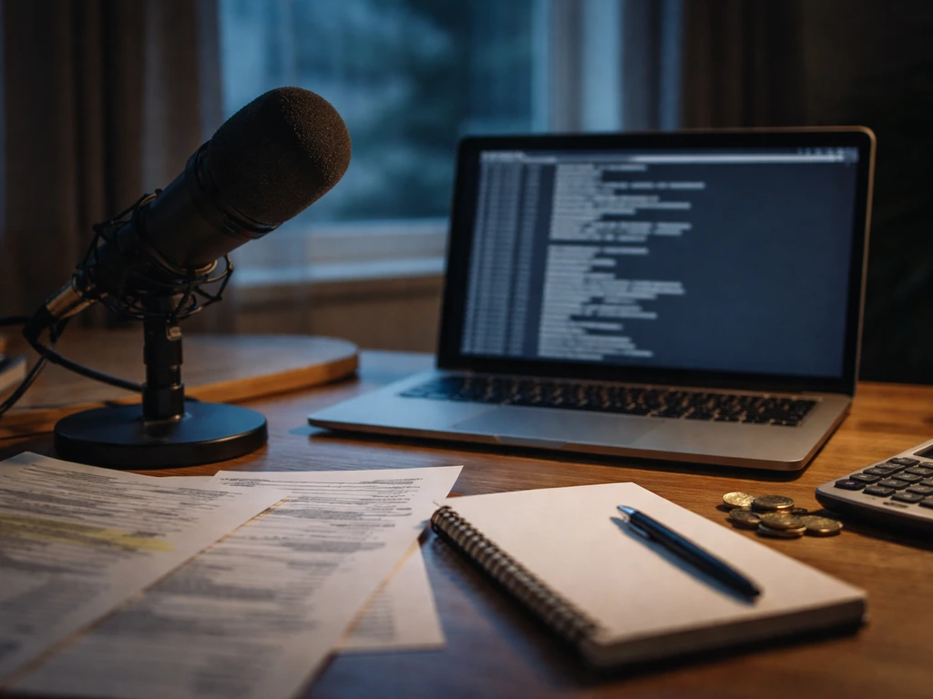 Laptop with blurred film credits page, microphone and coins on a simple studio desk for source-checking.