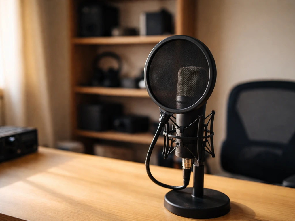A small recording studio setup with a microphone, pop filter, and script pages blurred, evoking voice acting.