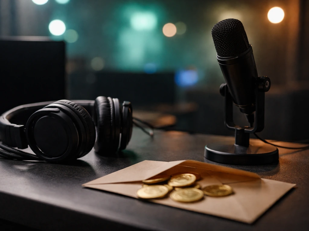 Studio desk with microphone and headphones, subtle colorful lights, symbolic tokens for high-profile earnings.
