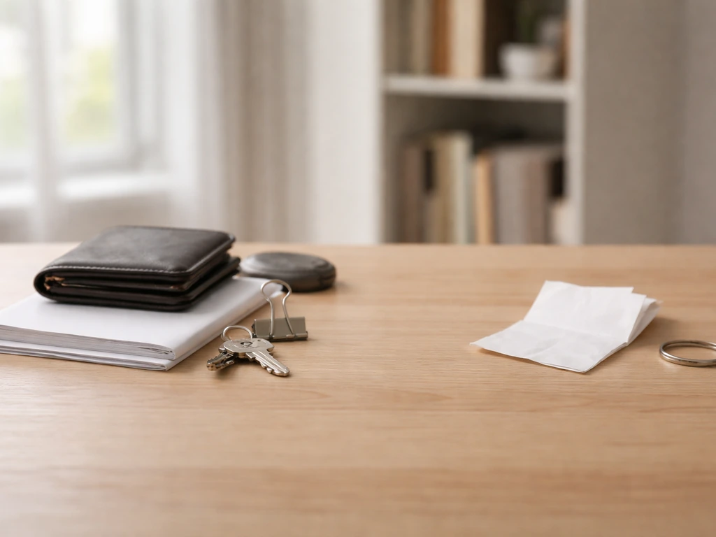 Minimal office scene showing symbolic assets vs liabilities with a notebook and wallet items, no text.