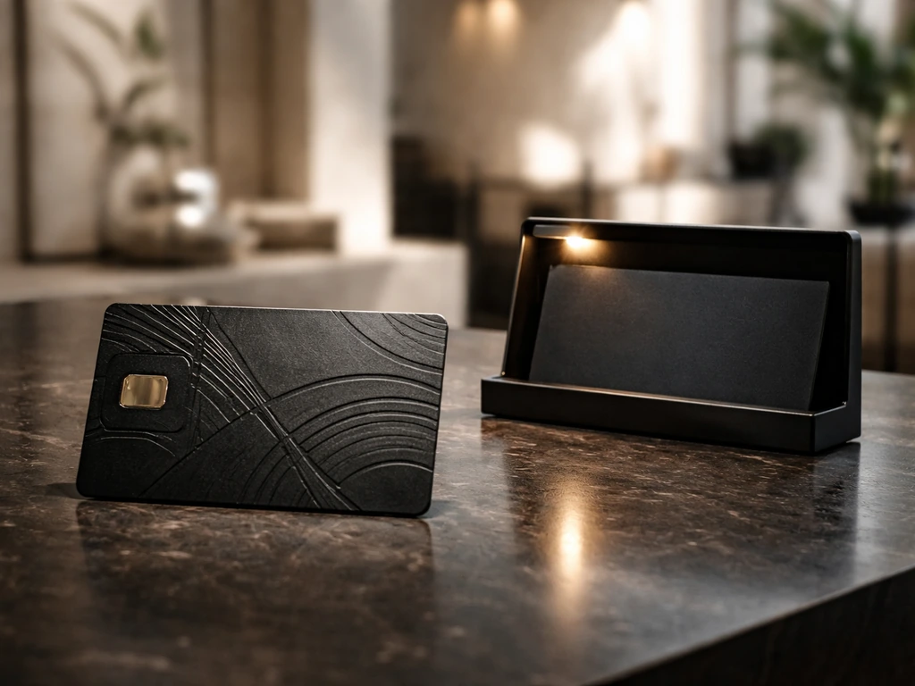 Minimal view of an ultra-luxury membership keycard on a dark stone desk in a bright modern studio