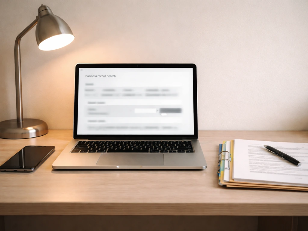 Minimal desk scene with laptop and phone, suggesting verifying business records without readable text.