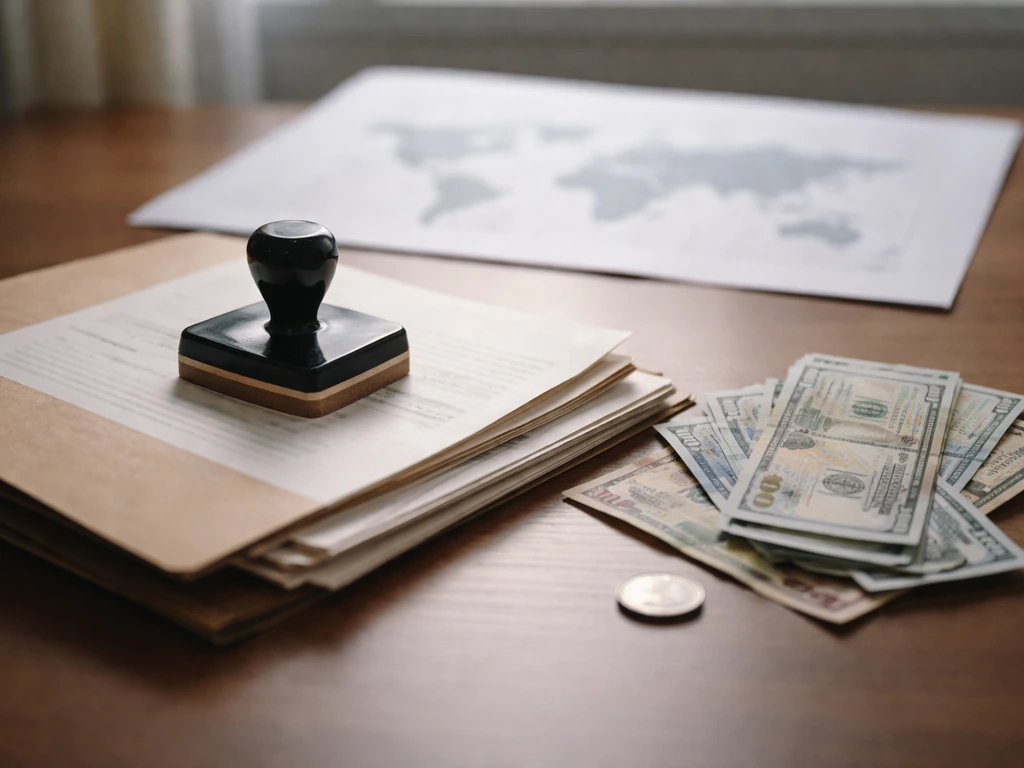 Documents, stamped papers, and scattered currency in front of a blurred world map for finance identity research