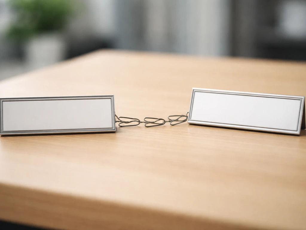Two blank desk nameplates connected by a subtle arrow cue, suggesting a brother mix-up.