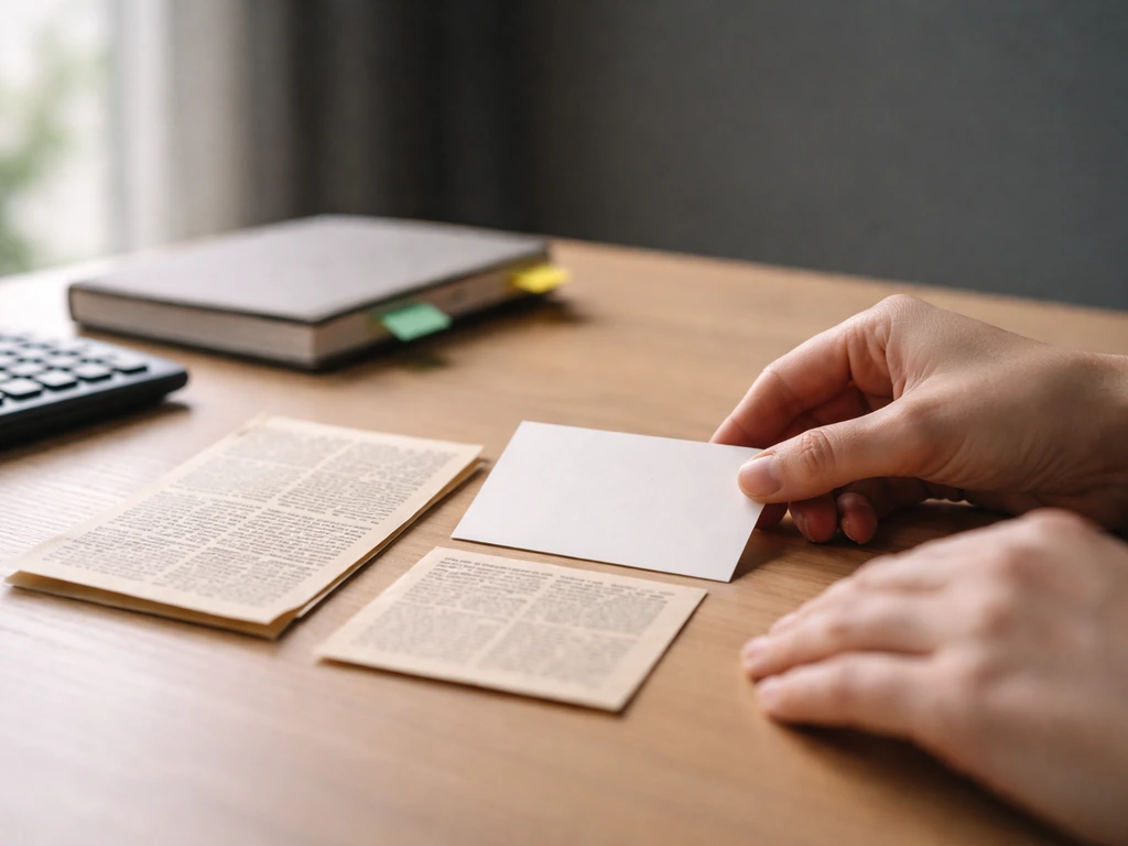 Hands at a simple desk with calculator, media clippings, and green/yellow tabs suggesting confidence.