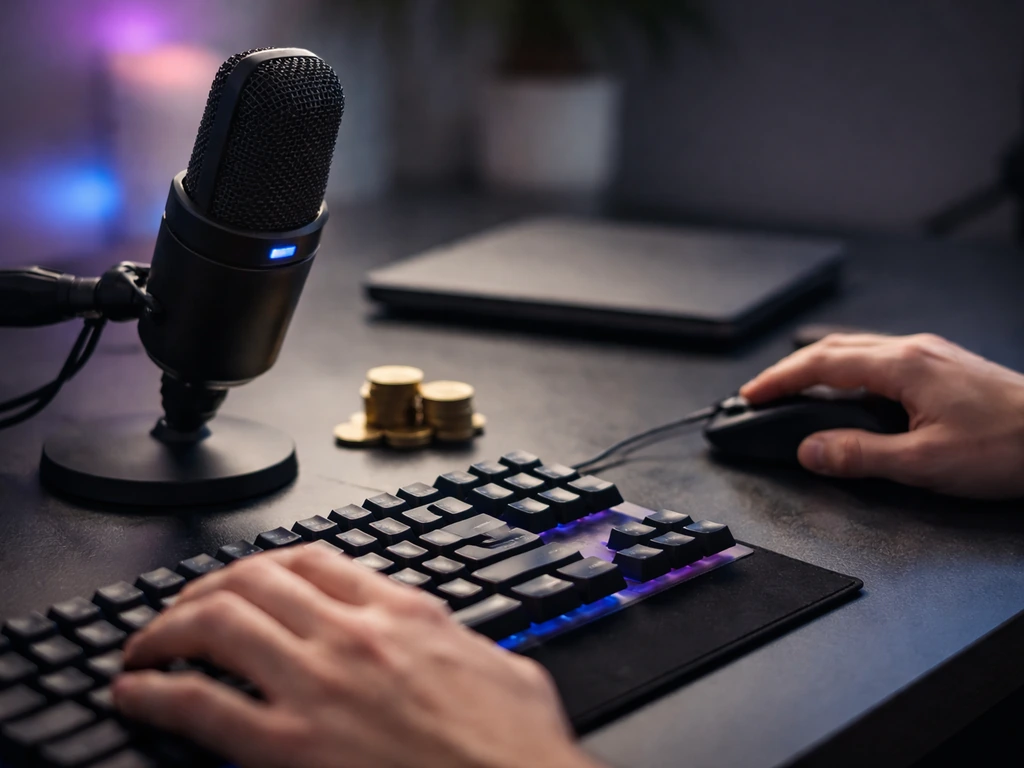 Close-up of hands at a gaming desk with a microphone and coins, symbolizing esports earnings and verification.