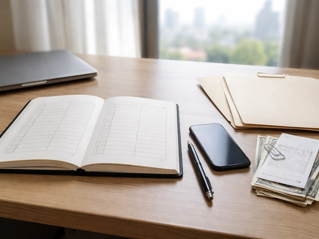 Minimal desk scene with notebook and blank checklist layout beside money and recording/finance tools.