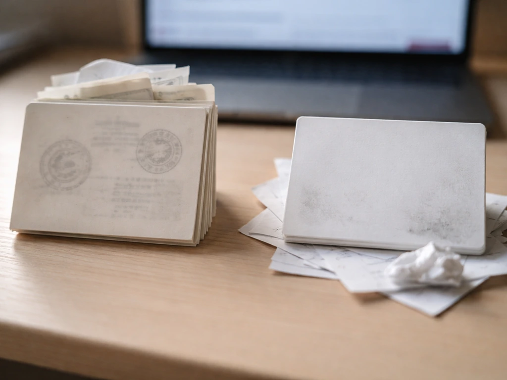 Minimal desk scene with two paper cards: one with receipts and stamps, one plain and messy, symbolizing credible vs nois