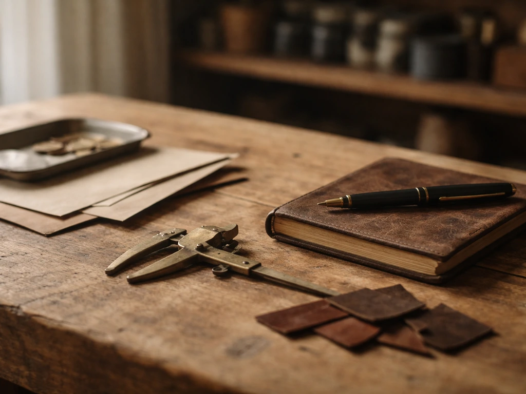 Craft studio workbench with tools, paper, and coins symbolizing money research and design identity.