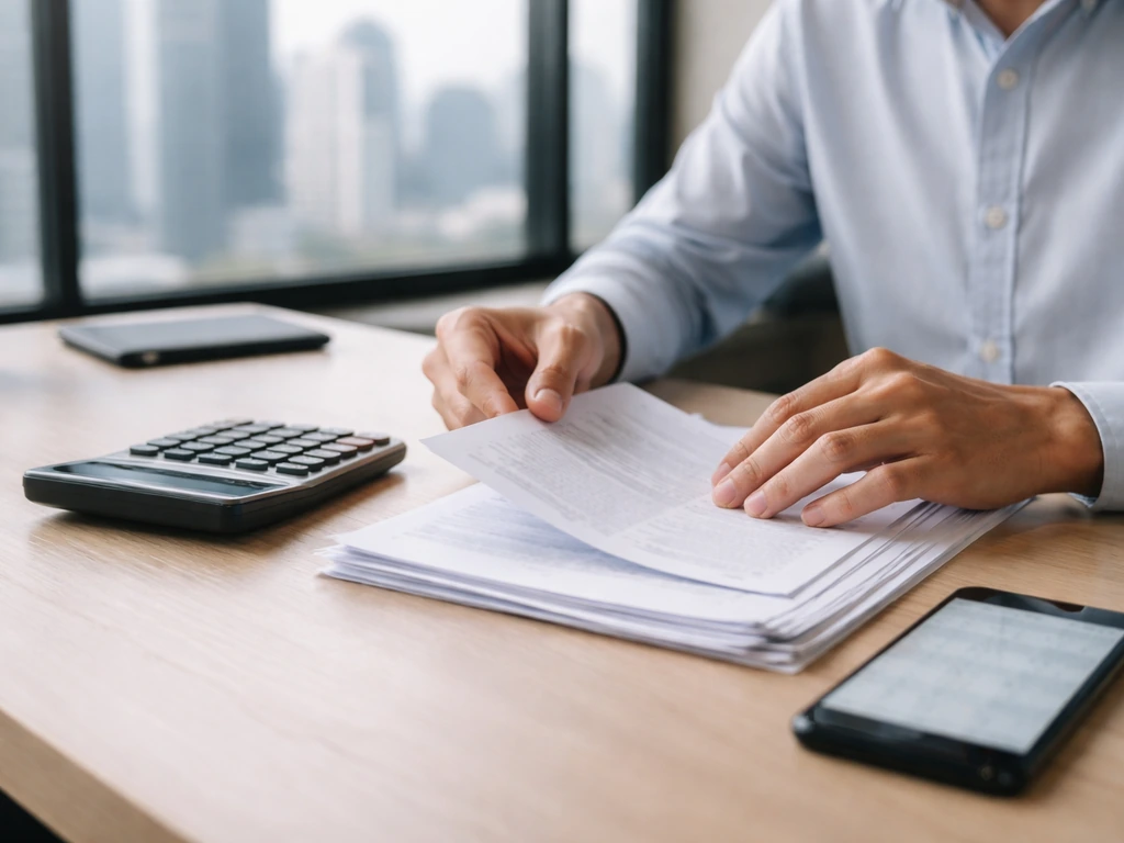 Anonymous office desk scene with calculator, financial papers, and a blurred screen indicating estimate-style analysis.
