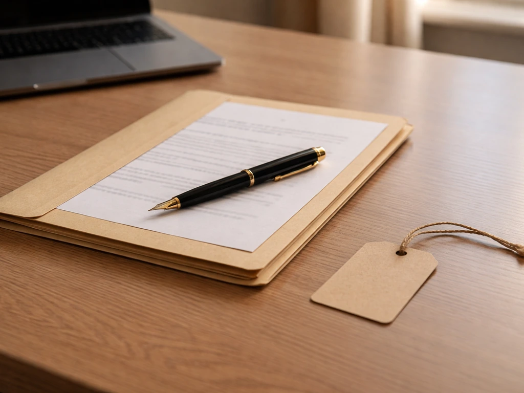 Close-up of a plain contract folder and a pen beside a laptop in a quiet office, symbolizing licensing royalties