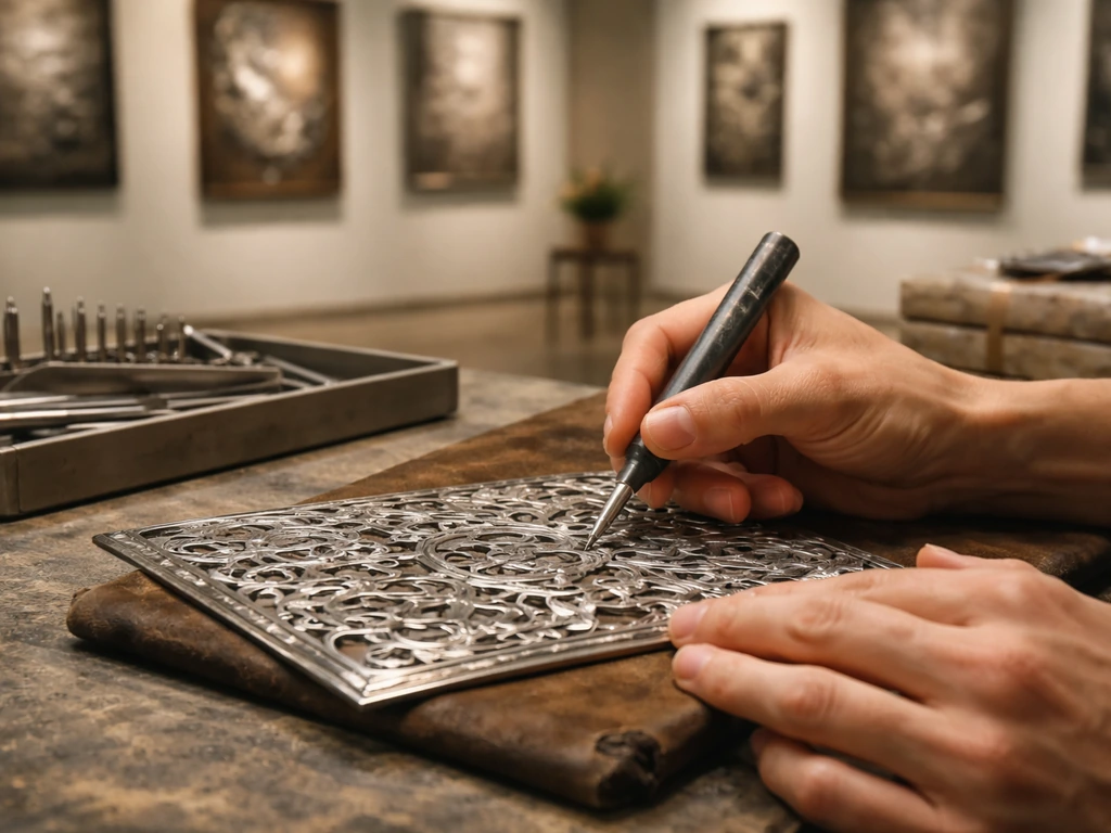 Close-up of a person using fine tools on metal art pieces beside framed gallery displays, symbolizing art-business finan