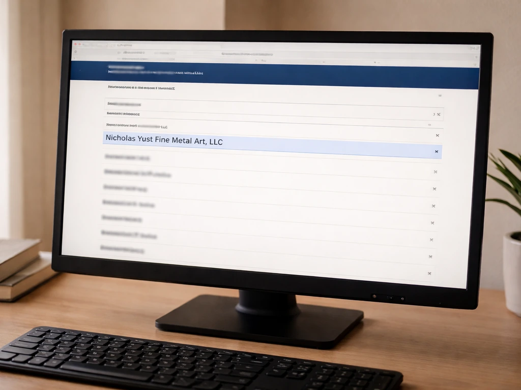 Monitor showing an Ohio business search results page with an LLC highlighted.
