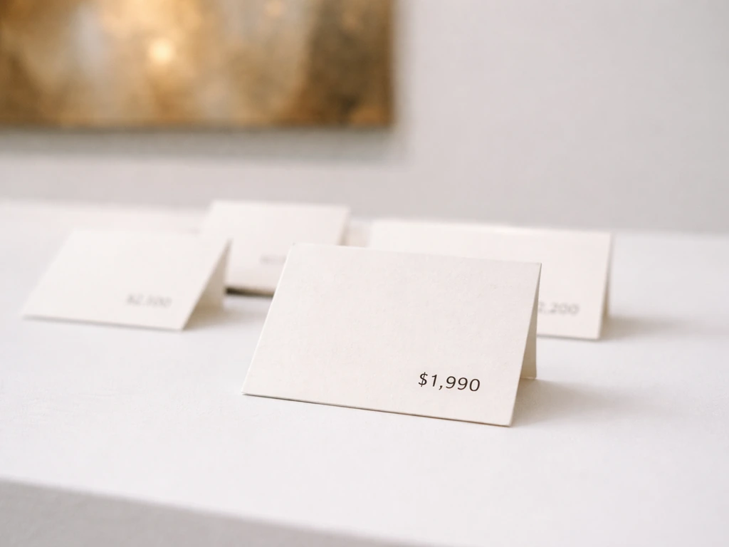 Close-up of gallery-style artwork listing cards showing a price of about $1,990