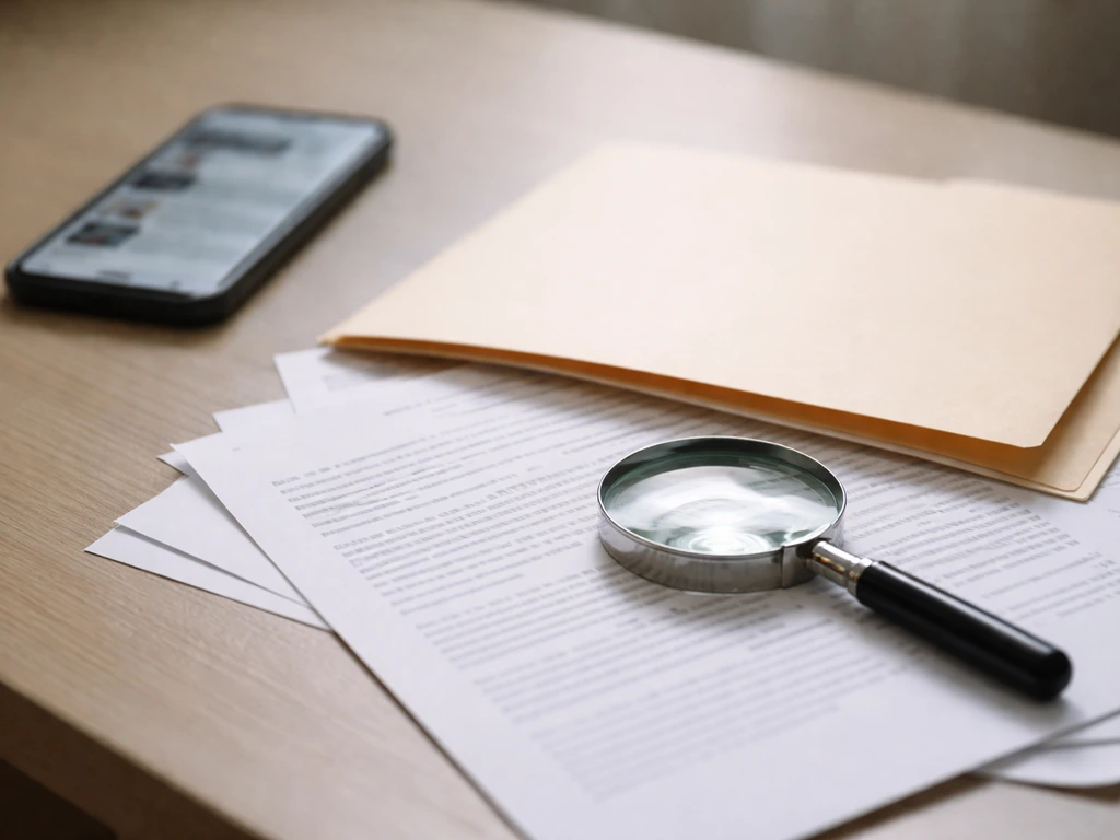 Magnifying glass over unread documents and a blurred phone feed, symbolizing verifying vs speculation sources.