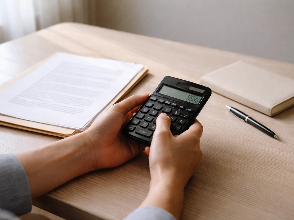 Minimal photo of a hand holding a calculator beside a folder of papers, symbolizing how net worth ranges are assessed.