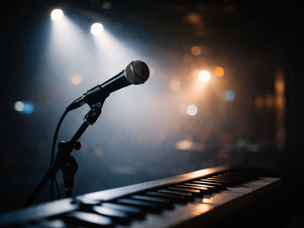 Close-up of a concert microphone on a stand with stage lights in the background, high-contrast musician vibe.