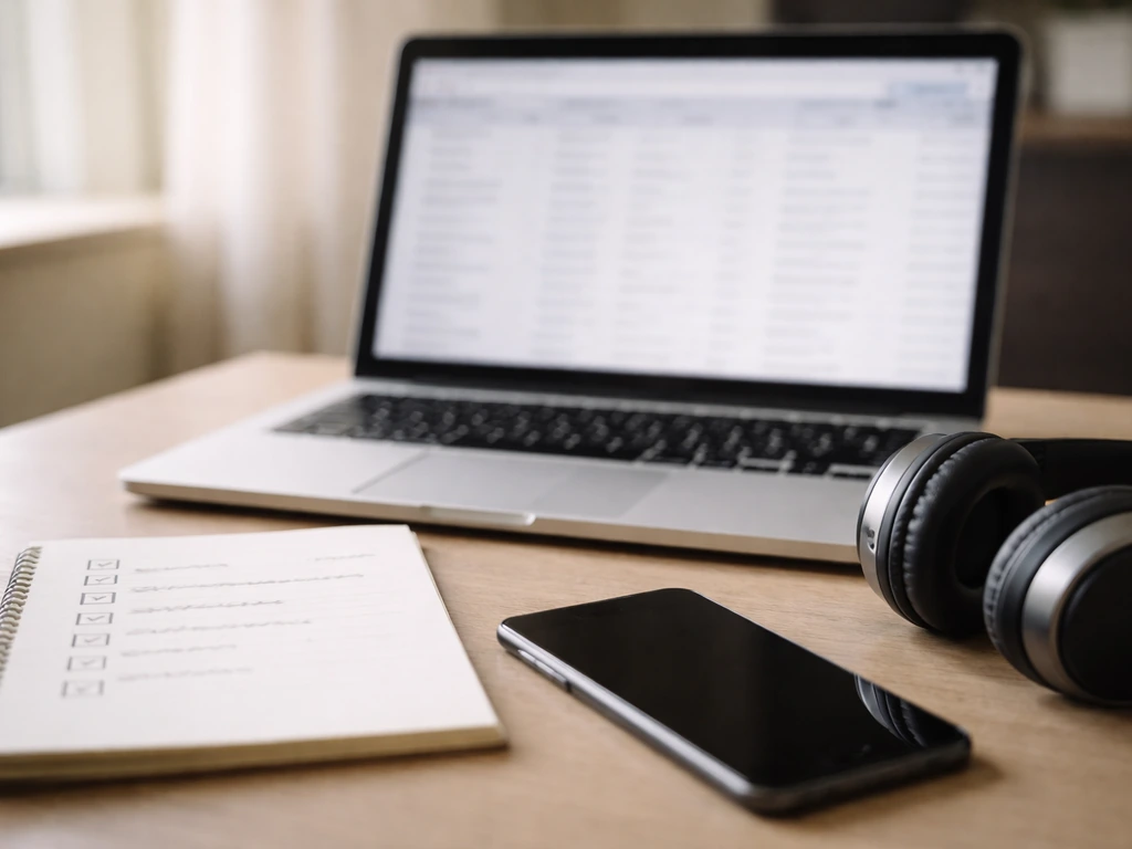 Close-up of laptop and notebook showing a musician-royalty research workflow with checkboxes
