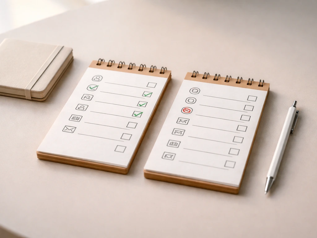 Minimal desk scene with two checklists showing green checks vs red circles, no readable text.