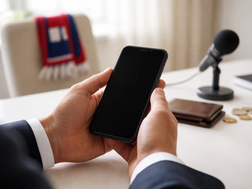 Anonymous hands holding a phone above coins on a tidy desk, with a football scarf blurred in the background.