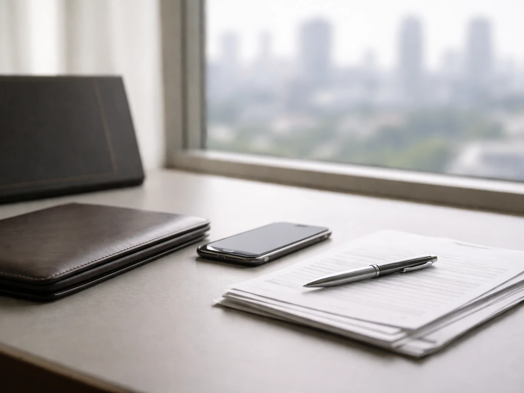 Minimal finance desk with leather portfolio, pen, smartphone, and blurred skyline background.