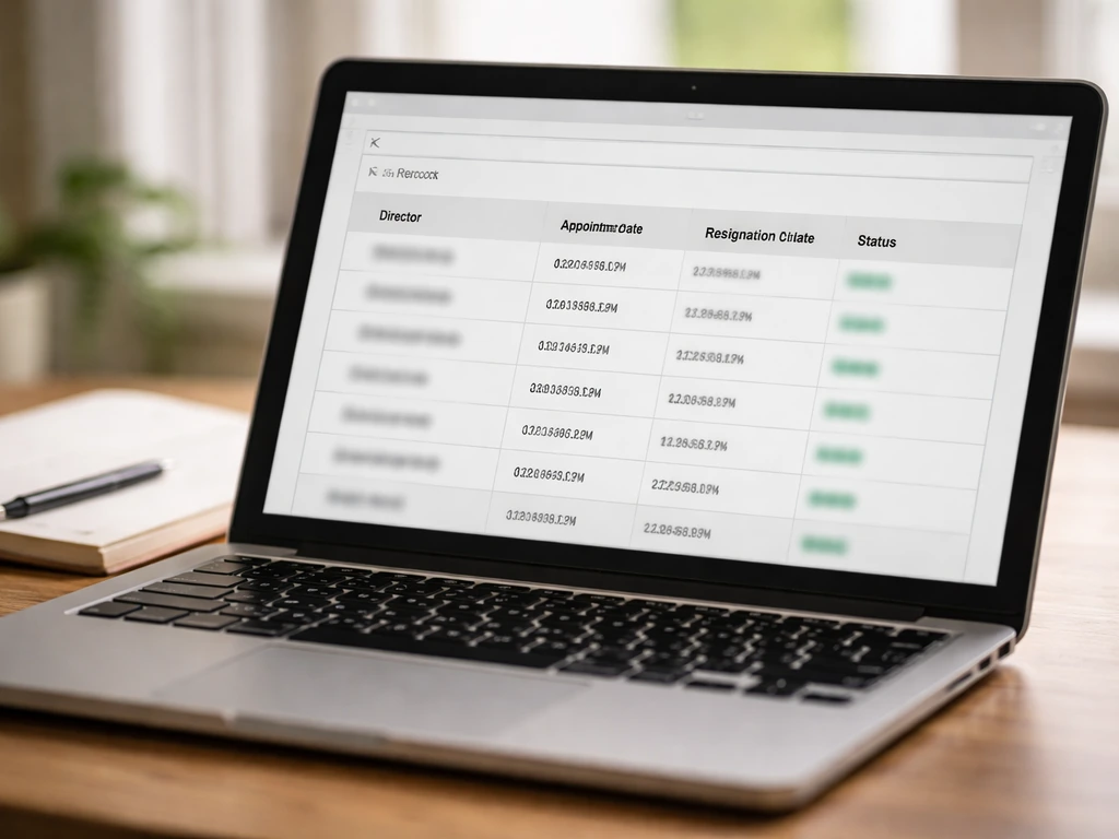 Close-up of a laptop screen showing an official company director records interface with key fields visible