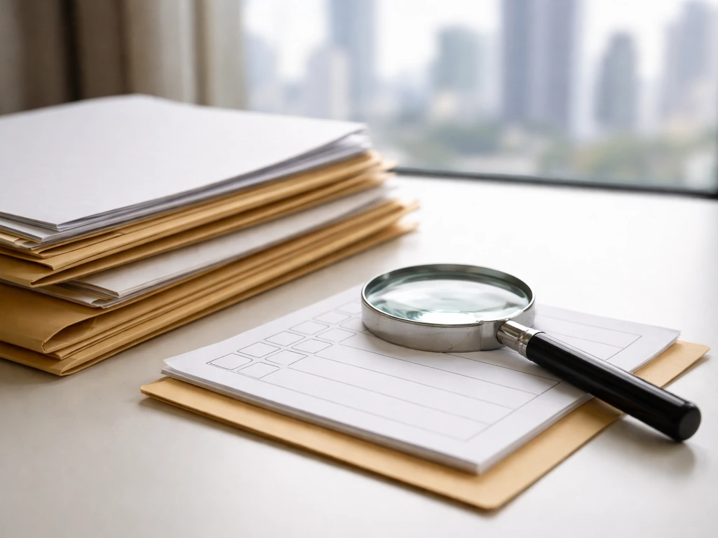 Magnifying glass over neatly arranged financial documents on a clean desk, symbolizing net-worth verification
