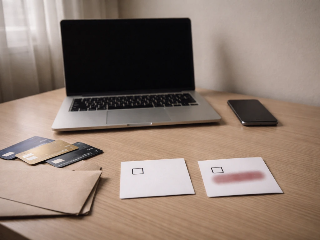 Minimal home office desk with laptop, cards, and redacted/unknown-style checkbox cards indicating no verifiable net wort