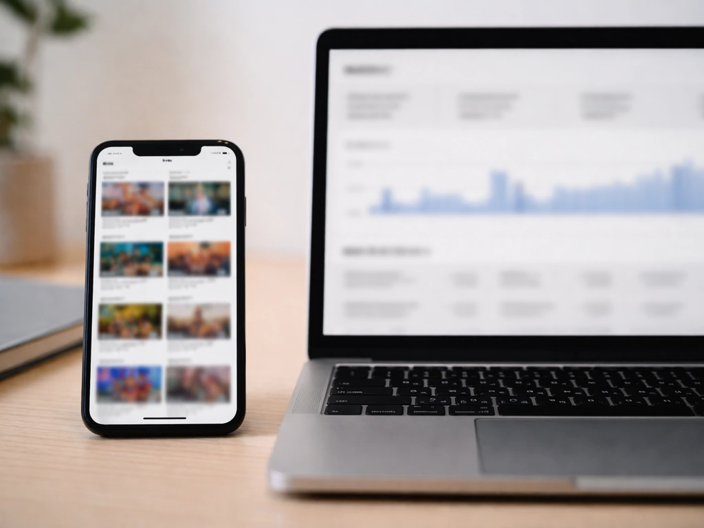 Desk with blurred smartphone video thumbnails and a separate generic analytics-like panel, implying monetization signals