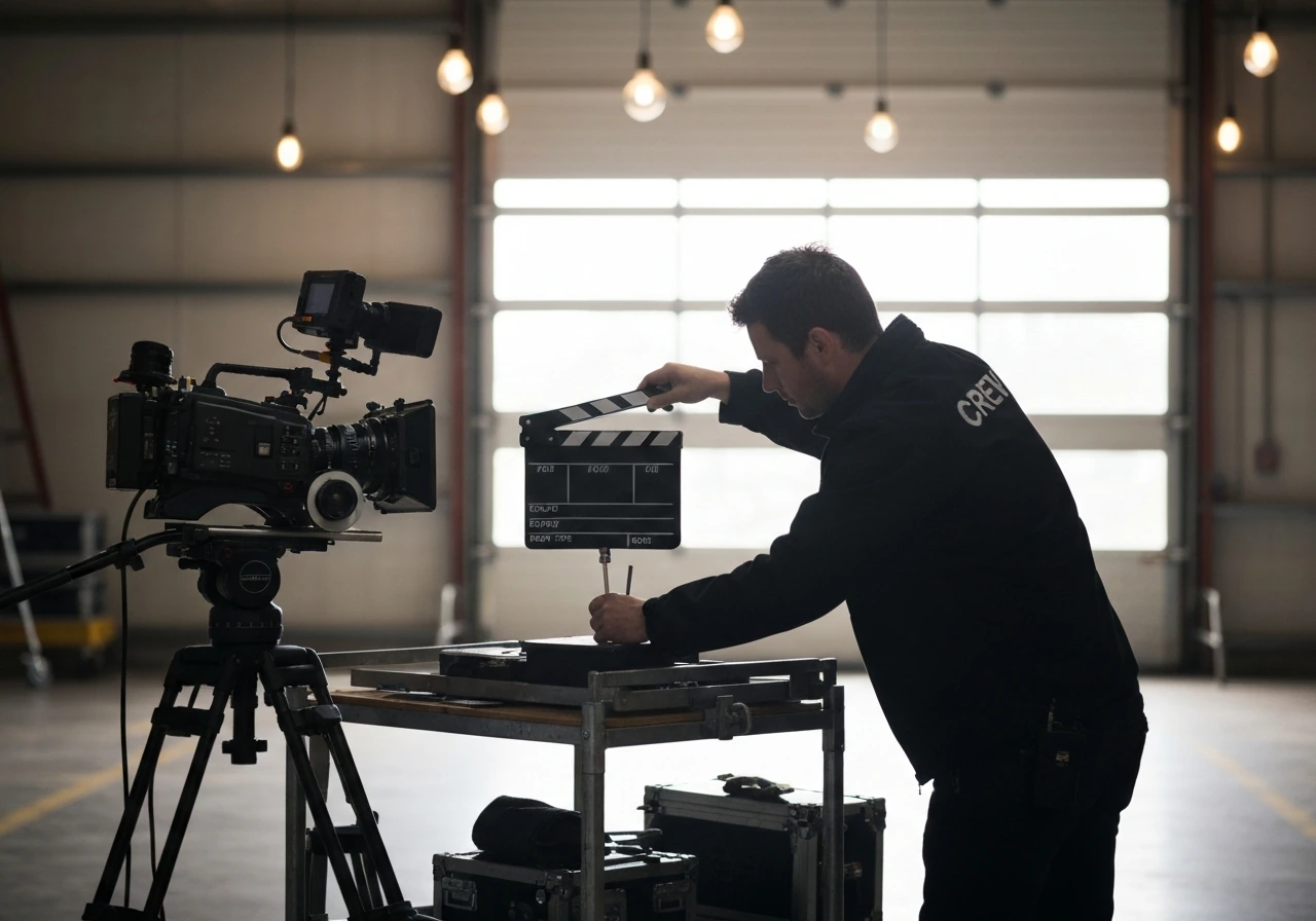 Anonymous film set scene with a clapperboard and movie camera near a warehouse door.