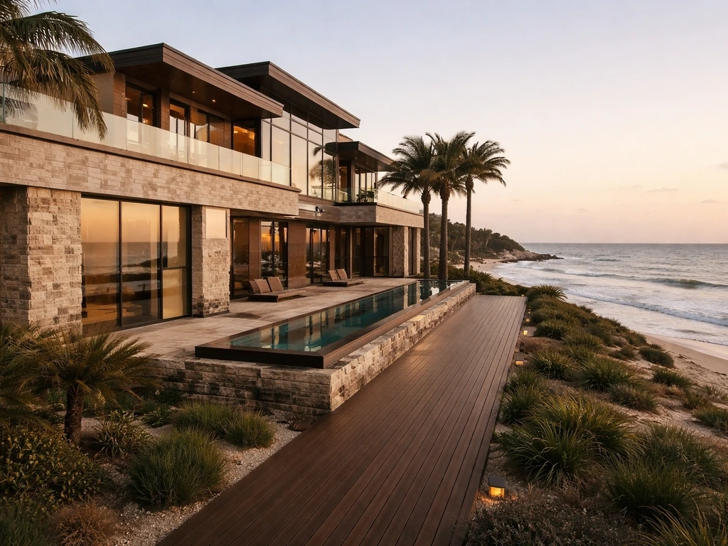 Sunlit luxury beachfront mansion exterior with dramatic ocean view and private terrace