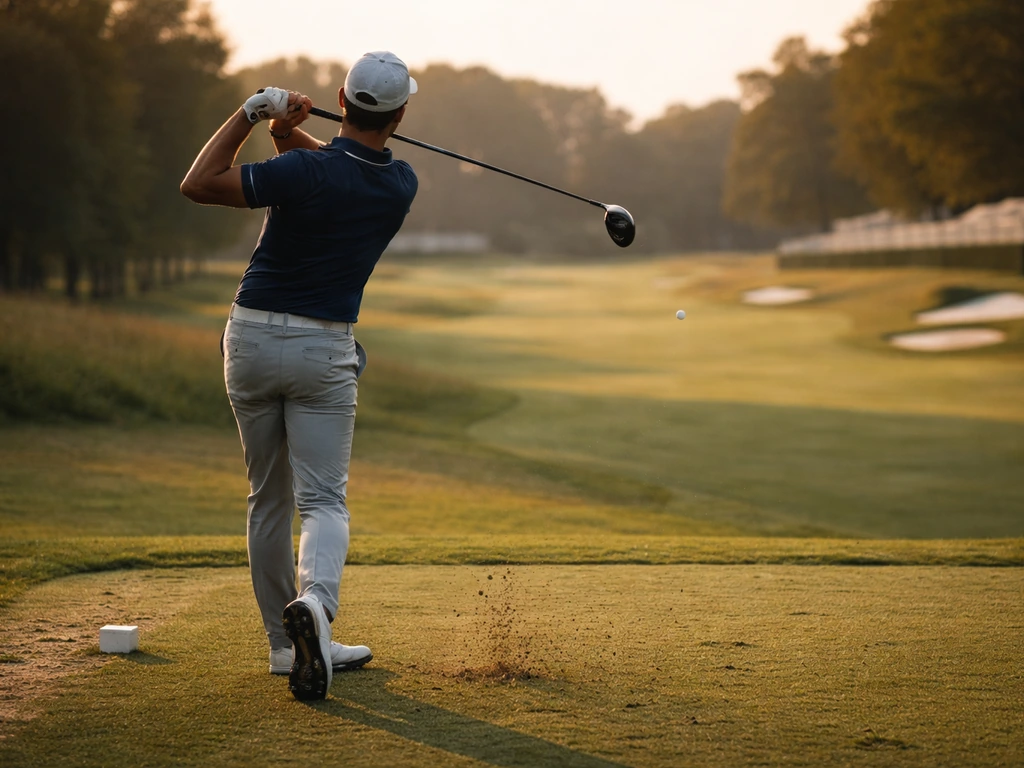 Golfer teeing off on a PGA-style course with a blurred fairway background at golden hour.