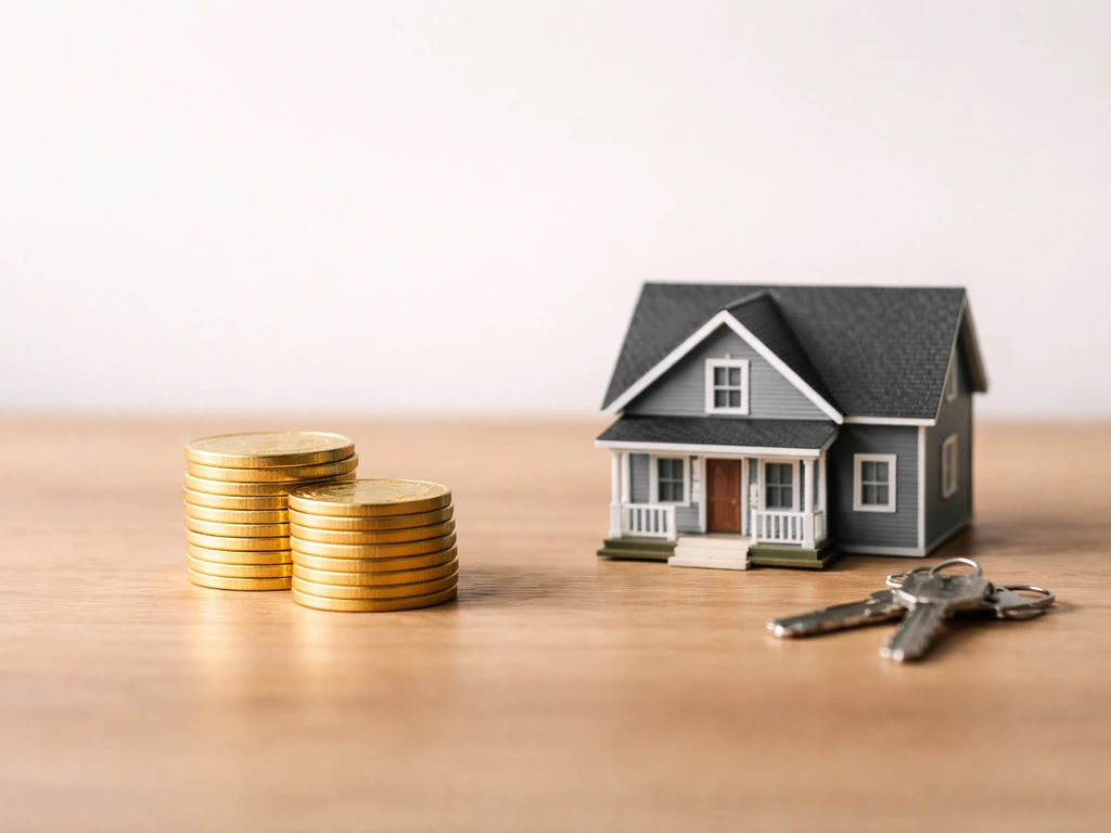 Two minimal objects on a desk: gold coin tokens on the left and a small house key on the right.