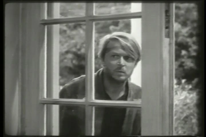 Alex Nicol in a black-and-white film still, seen through a window