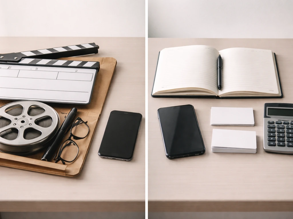 Minimal desk scene with film-industry items on one side and finance tools on the other to suggest identity verification.