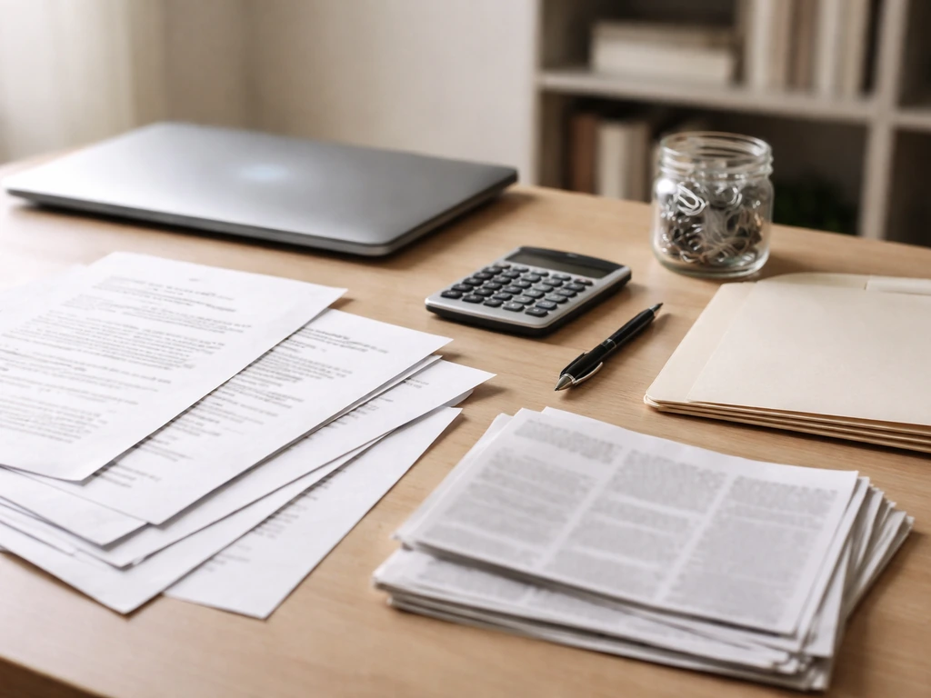 Minimal desk scene with scattered public-record style documents and a calculator beside a laptop