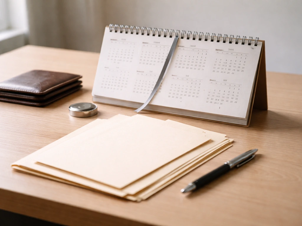 Minimal office scene with a calendar and scattered documents suggesting changing money over time