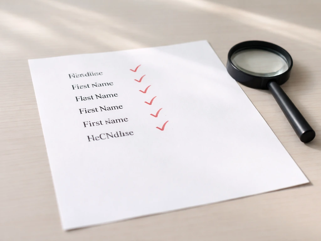 Checklist-style identity verification scene with magnifying glass over a document and red verification marks.