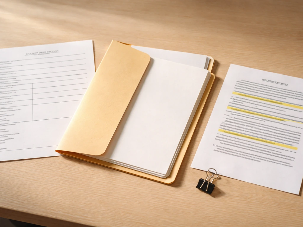 Close-up of blank deed record, probate folder, and a printed SEC snippet with highlighted lines on a desk