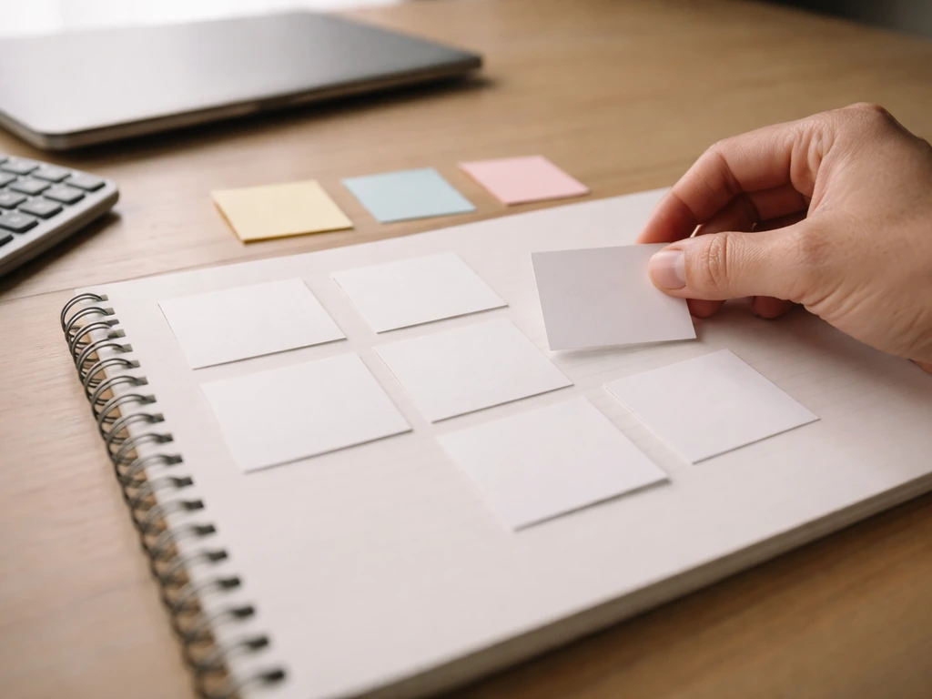 Minimal desk scene with blank evidence cards, sticky notes, calculator, and a hand adjusting the papers.