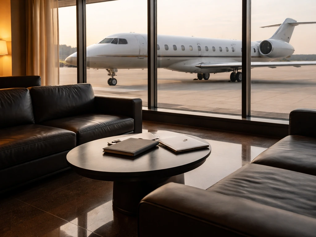 Empty private jet lounge at an airport with warm lighting and a glimpse of aircraft outside