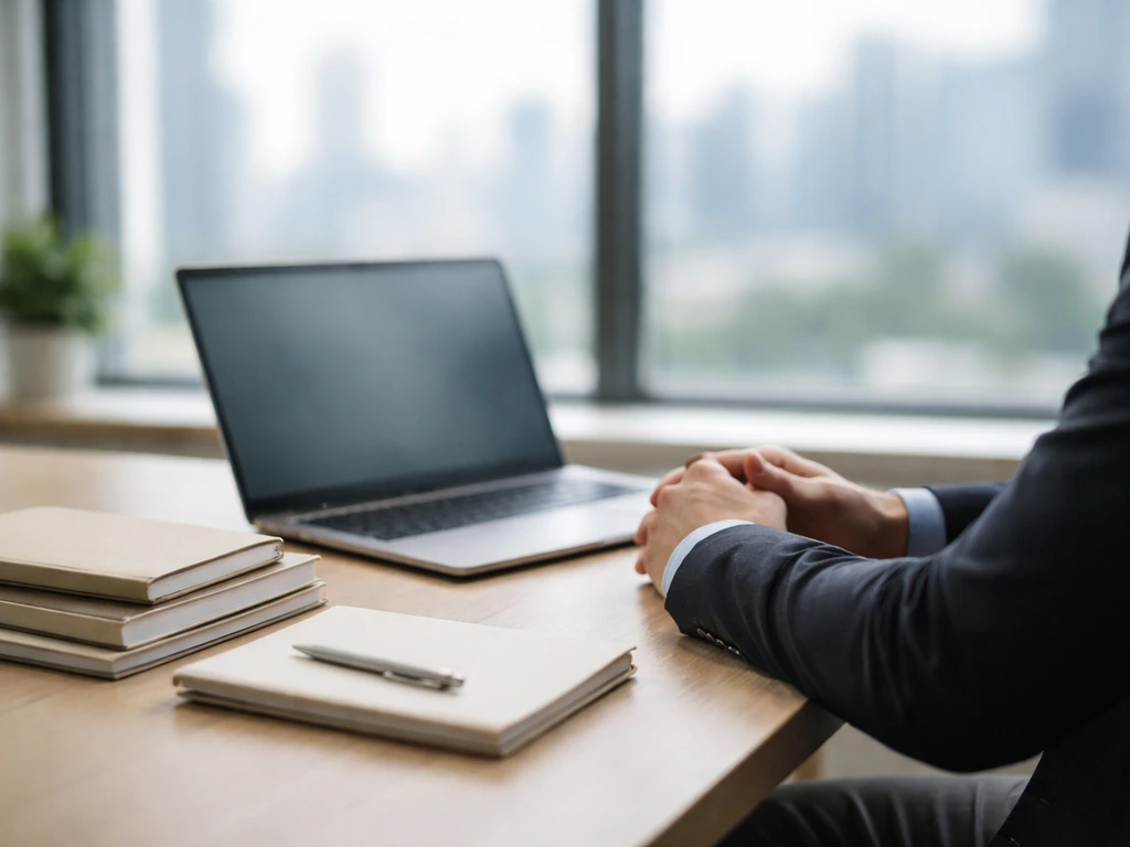 Anonymous business analyst at desk with tidy laptop and a blurred city skyline, symbolizing net worth estimation range