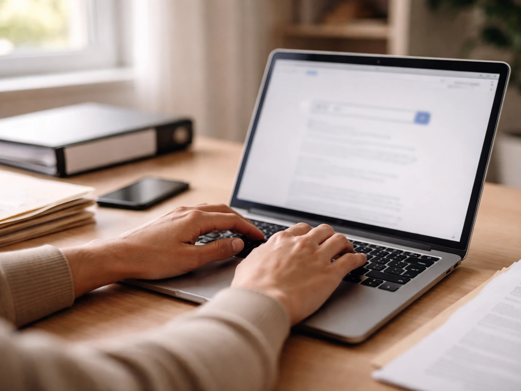 Person at desk using laptop to research public court and business records, with documents and phone nearby.