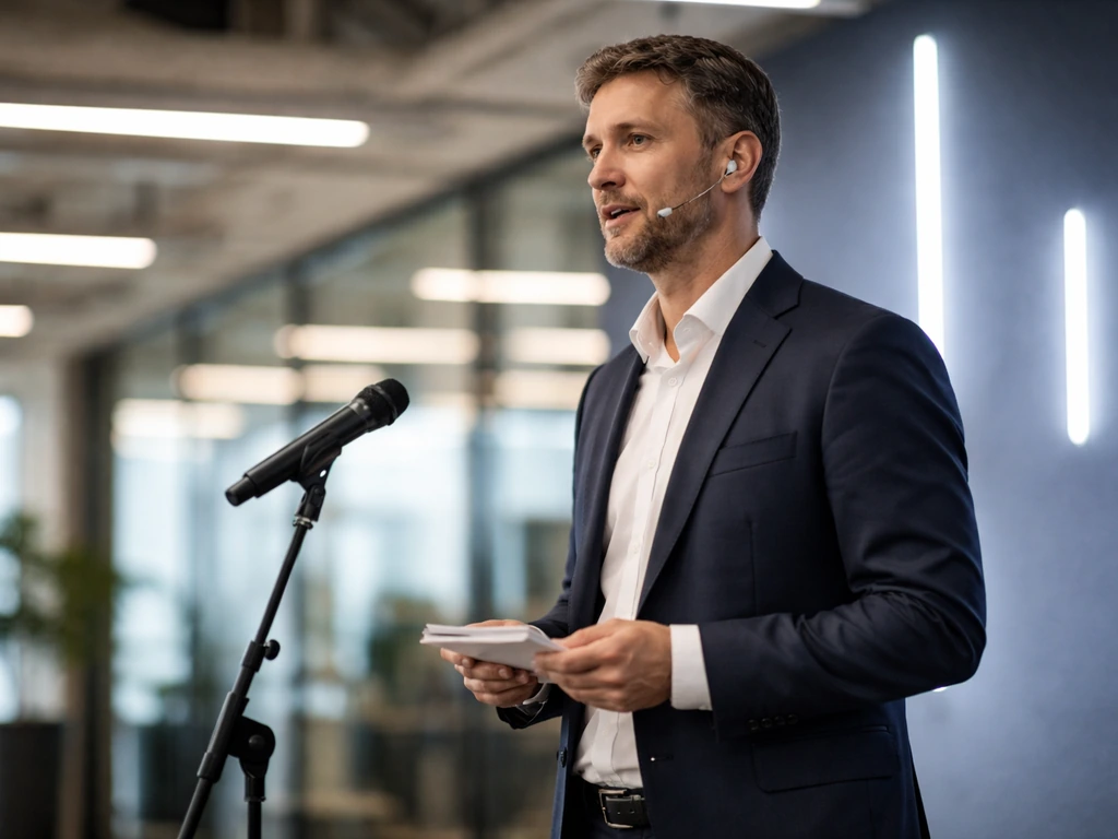 Anonymous fintech CEO speaking at a modern office event with a wireless headset microphone