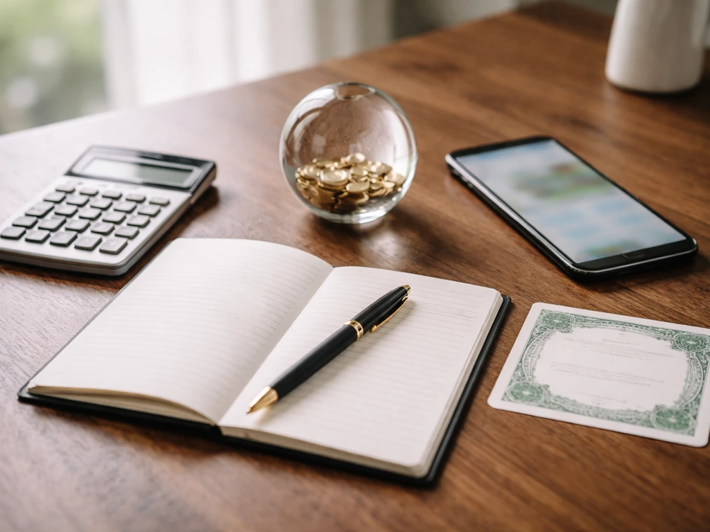 Minimal desk scene with calculator and notebook suggesting private-company net worth calculation.