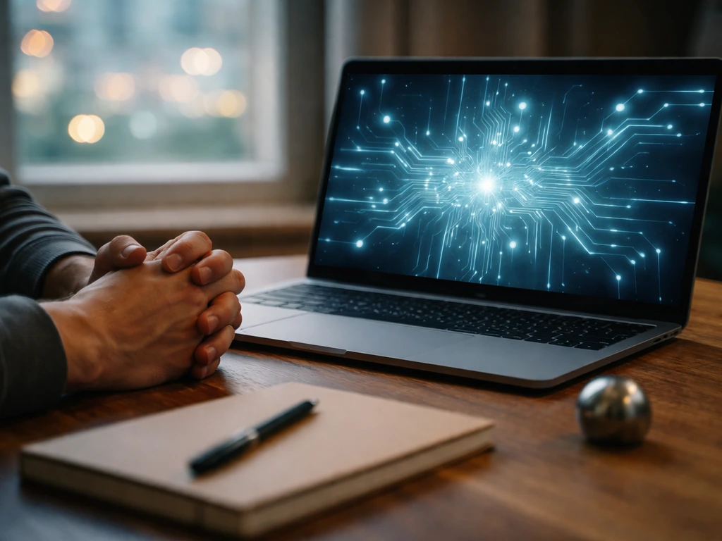 Close-up of a laptop on a desk with a blurred AI circuit glow in the background, VC theme