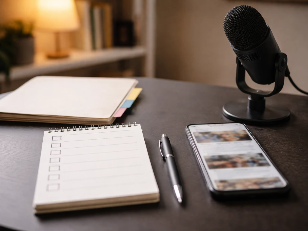 Minimal desk scene with blank checklist, pen, phone news thumbnails, and microphone for verifying net worth sources.