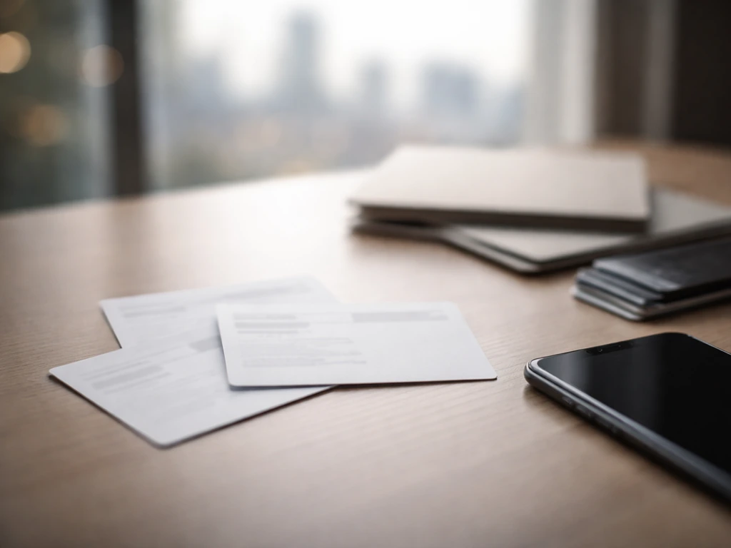 Blurred business record cards and a phone on a desk, symbolizing disambiguation for net worth research.